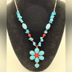 VTG Avon Reversible Faux Turquoise & Red Coral Necklace. Boho, Hippie 20”L READ